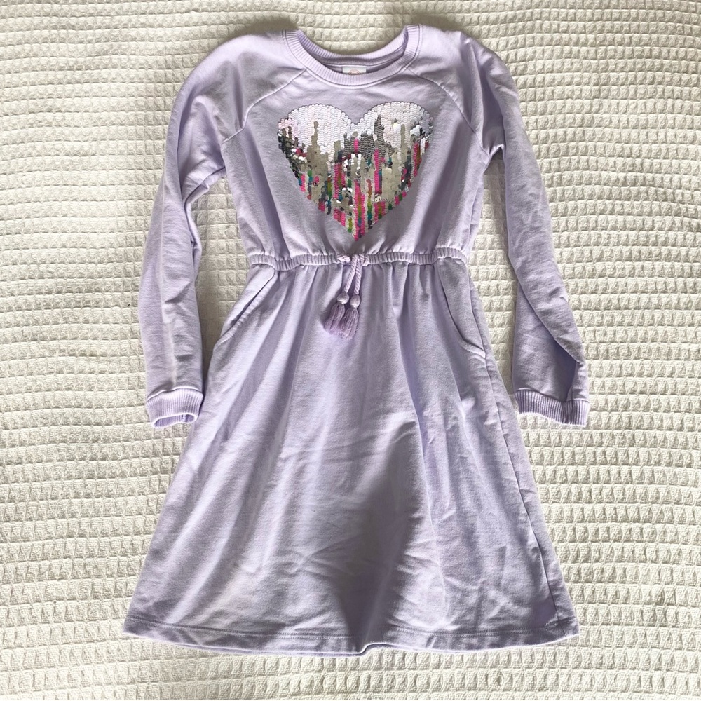 Wonder Nation lilac long sleeve sequin heart dress size 7-8